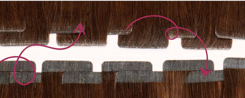 Raw brunette hair extensions with adhesive strips and pink arrows, Prolonged Hair supply chain