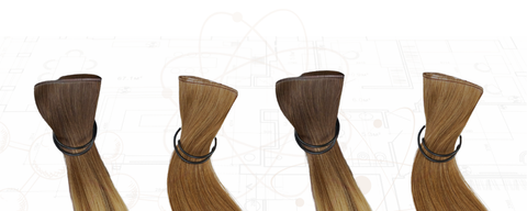 A transparent image of blueprint designs layered with scientific symbols and topped with images of the Prolonged Hair Genius Wefts