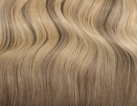 Blonde and brown wavy raw hair extension from Prolonged Hair, natural color blend