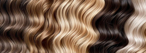 Various shades of wavy Prolonged Hair extensions with natural, glossy finish