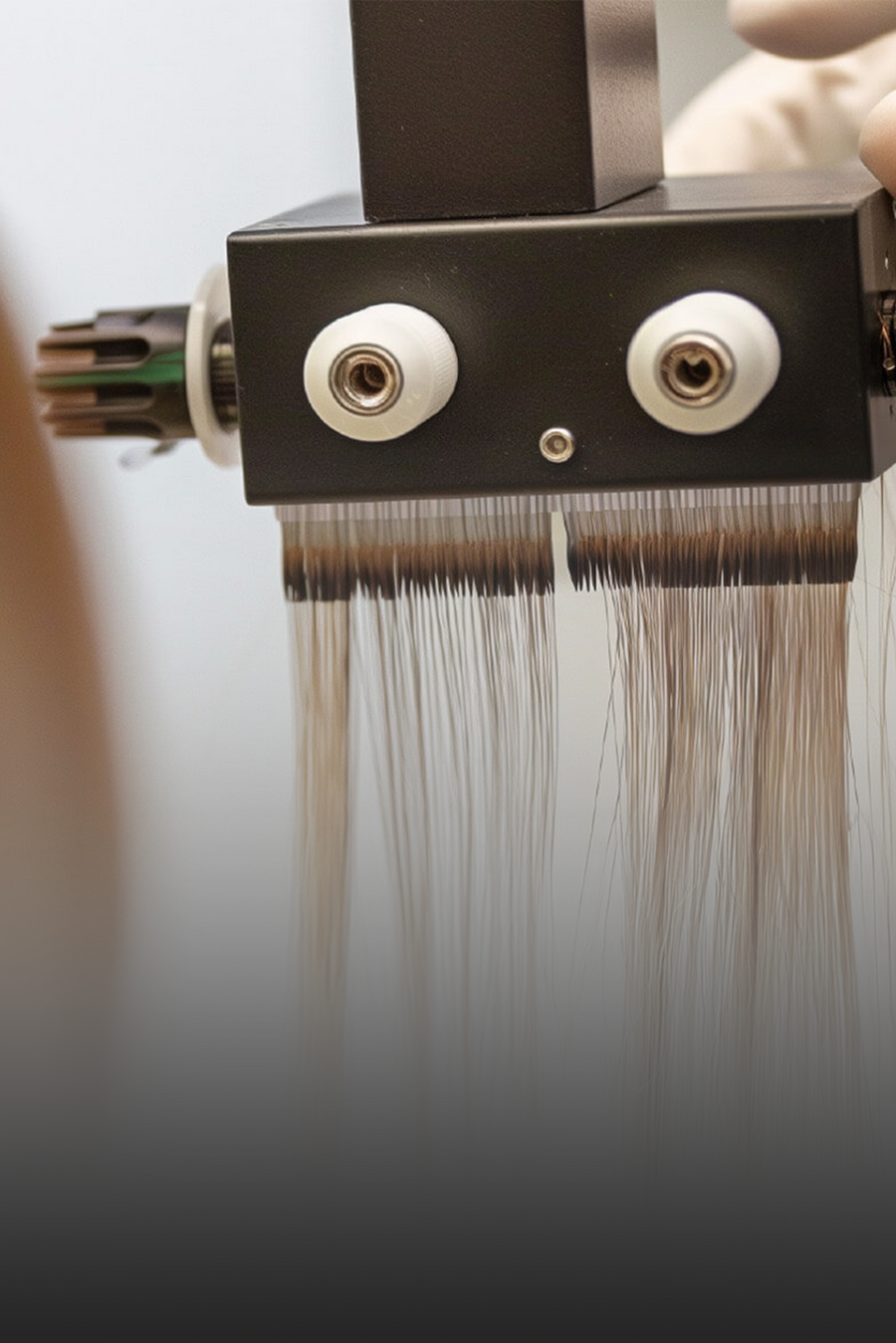 Strands of hair held in the grips of a strength-testing instrument